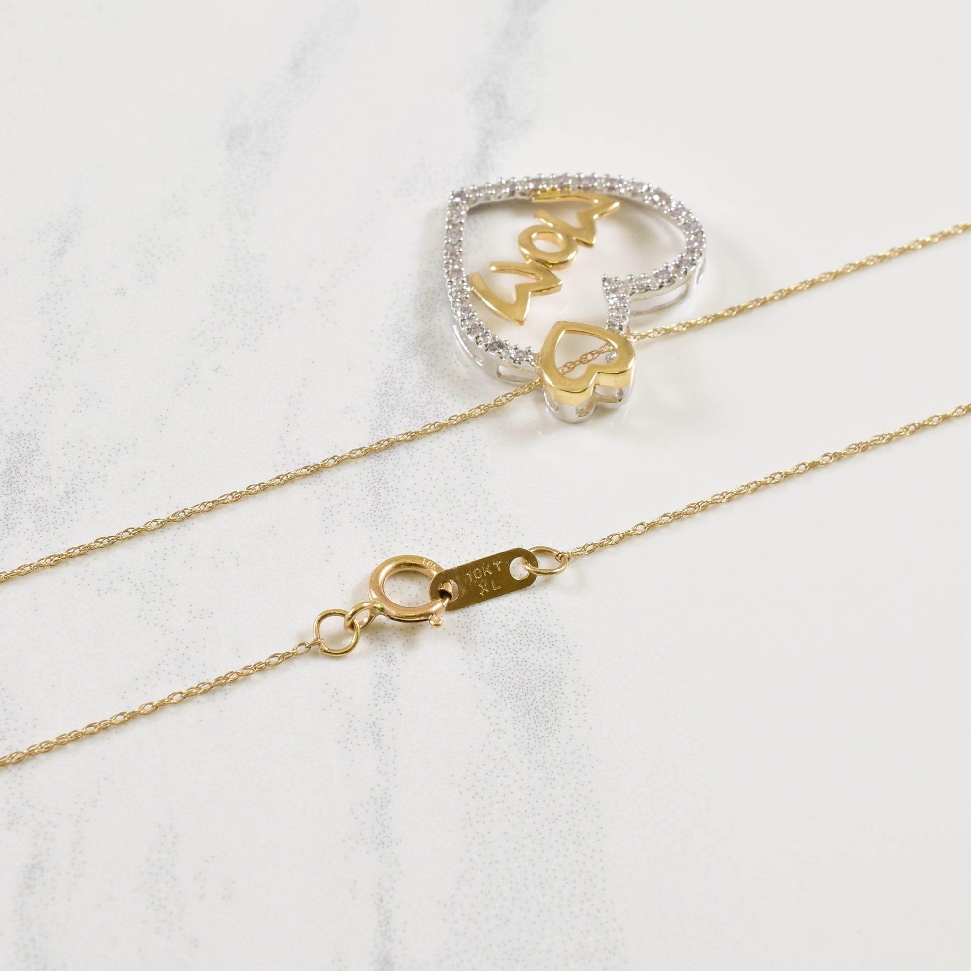 Two Tone Gold Diamond Heart 'Mom' Necklace | 0.15ctw | 20