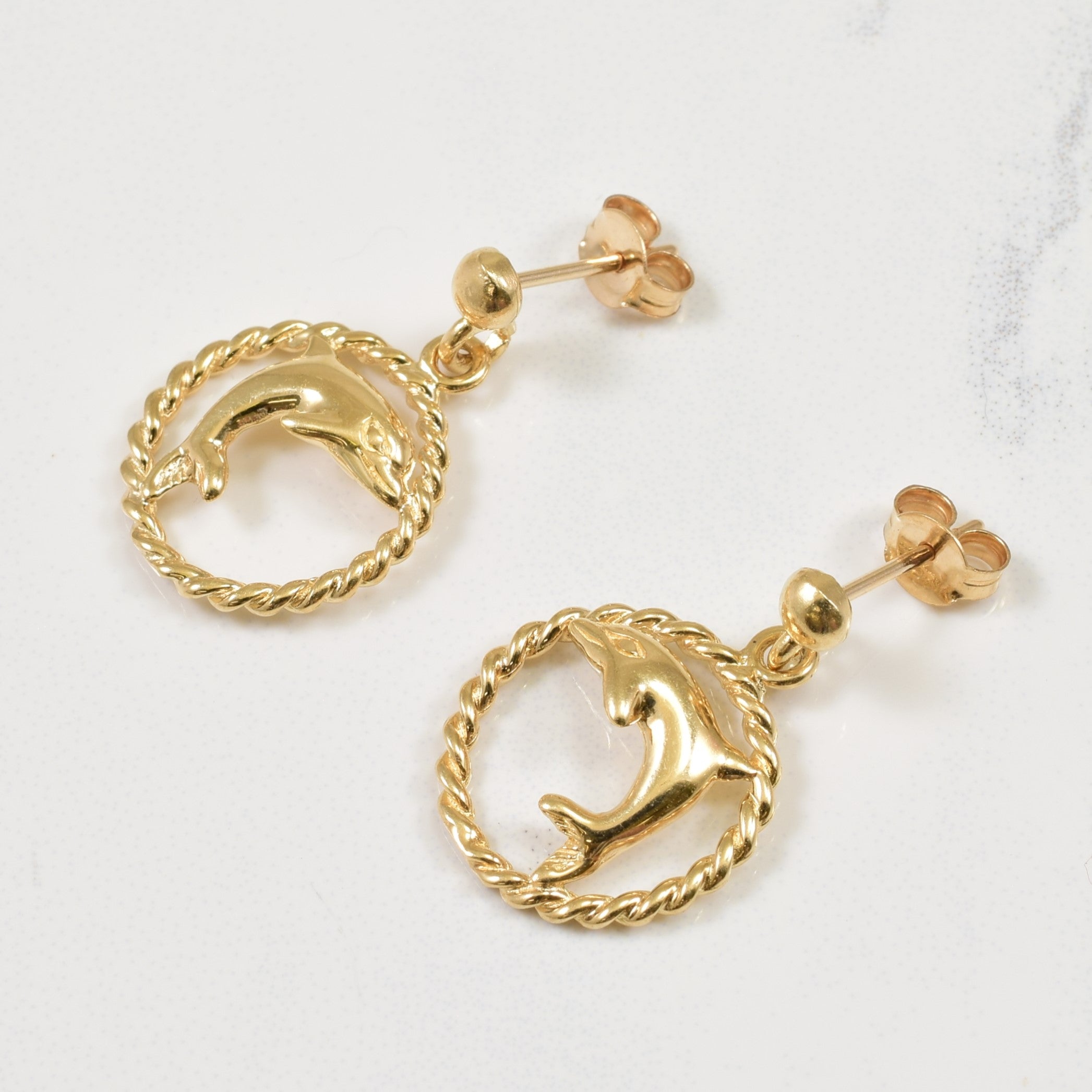 10k Yellow Gold Dolphin Drop Stud Earrings