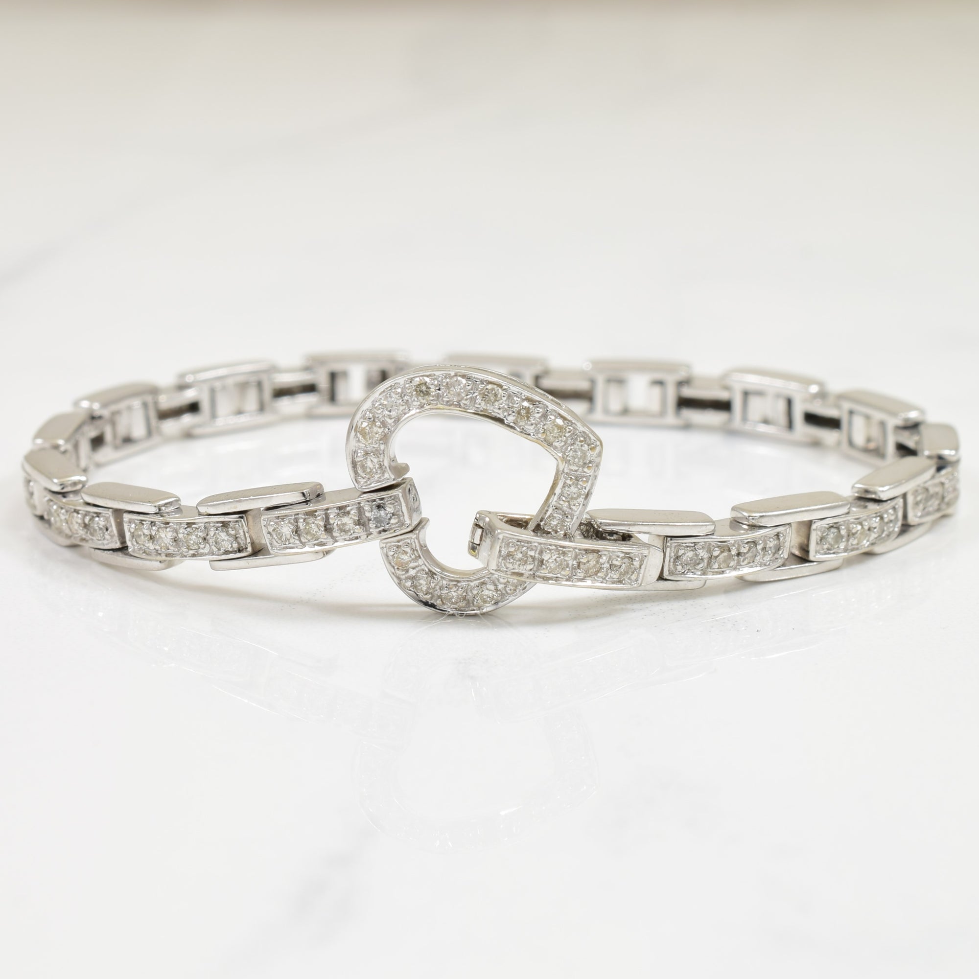 14k White Gold & Diamond Heart Bracelet | 0.99ctw | 7