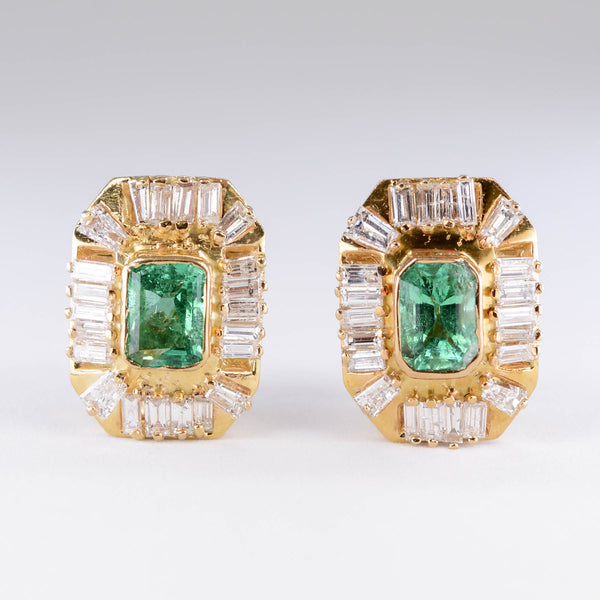 Emerald & Baguette Diamond Halo Earrings | 2.50ctw, 2.1ctw