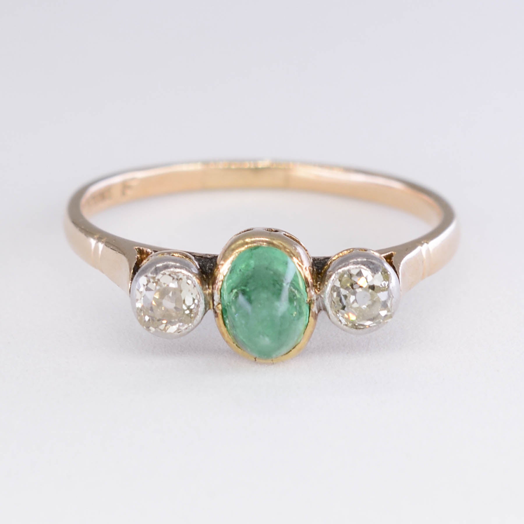 'Birks' Antique Cabochon Emerald and Diamond Three Stone Ring | 0.50ct, 0.20ctw | SZ 7 |