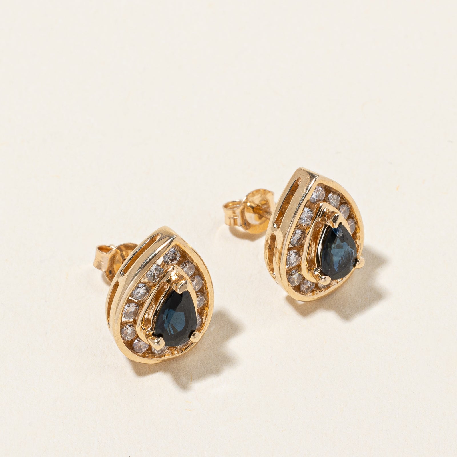 Pear Cut Sapphire & Diamond Halo Earrings | 0.65ctw, 0.36ctw |