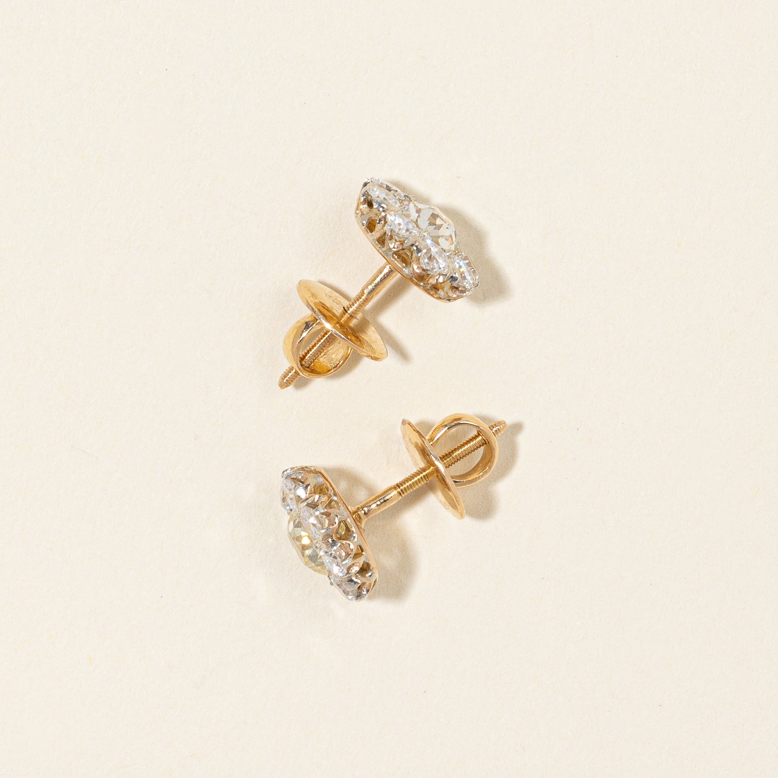 Boucles d'oreilles puces à vis Diasy en diamant taille ancienne, style édouardien vintage | 2,20 ct VS2/SI1 M/N | 