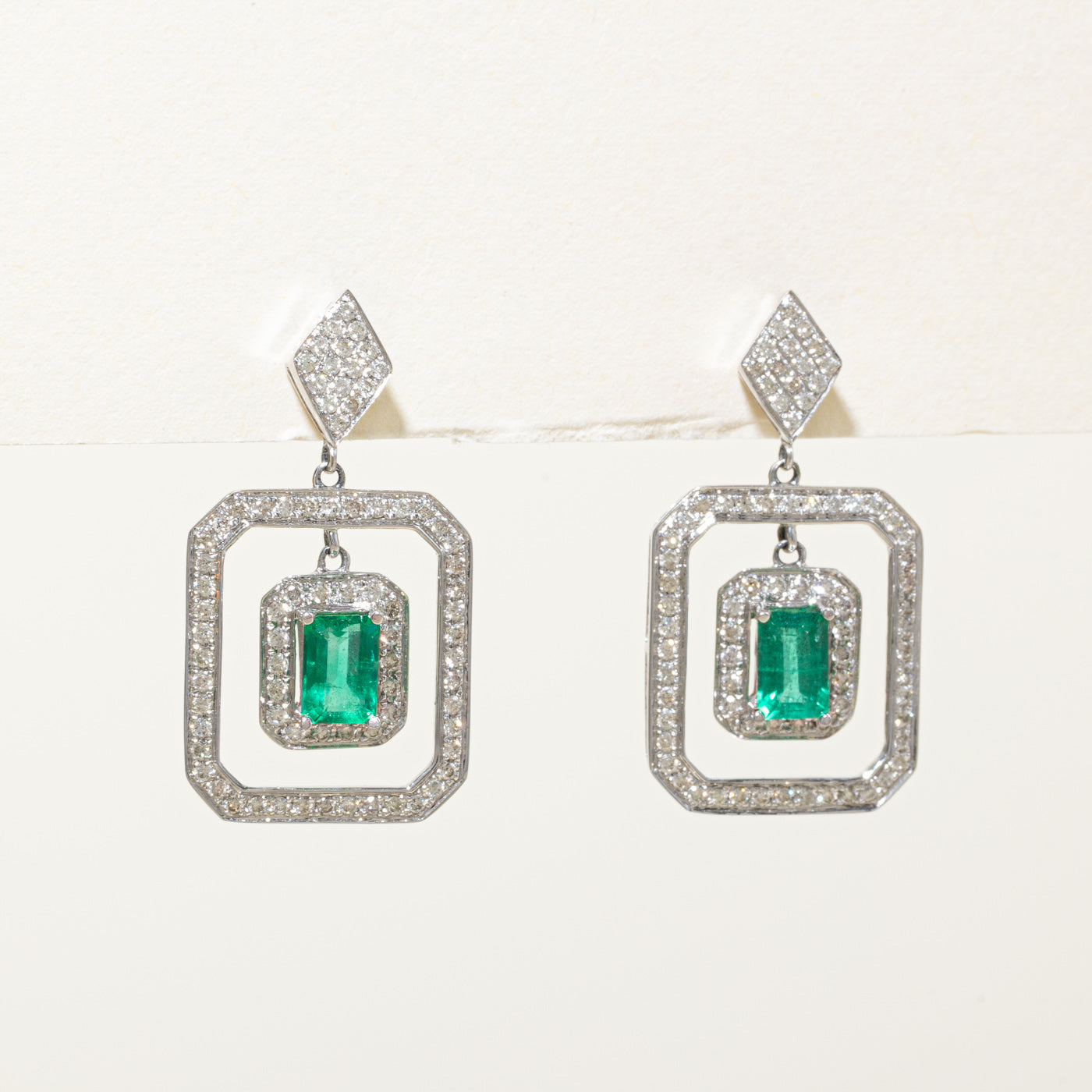 14K Emerald & Diamond Halo Drop Earrings | 1.00ctw, 0.78ctw
