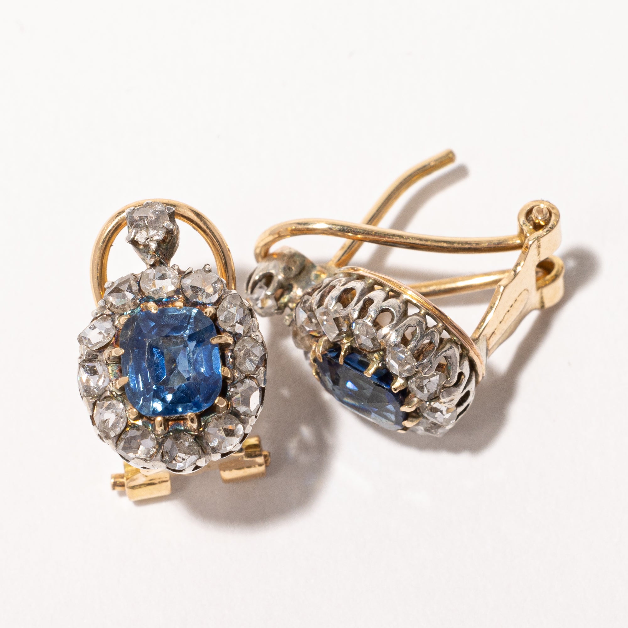Victorian Sapphire & Rose Cut Diamond Halo Earrings | 1.60ctw, 0.65ctw |