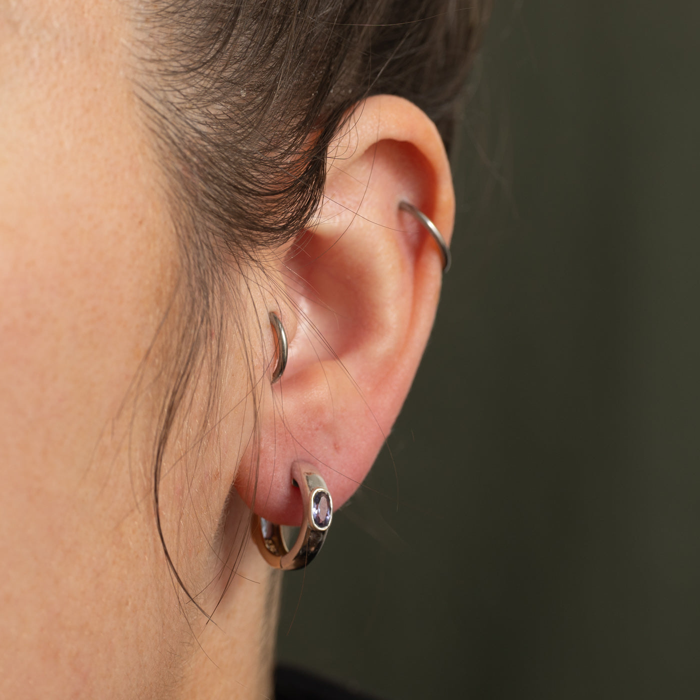 Two Tone Bezel Set Tanzanite Huggie Earrings