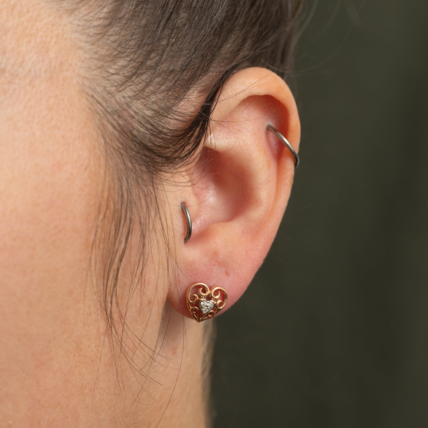 Diamond Heart Scrollwork Stud Earrings