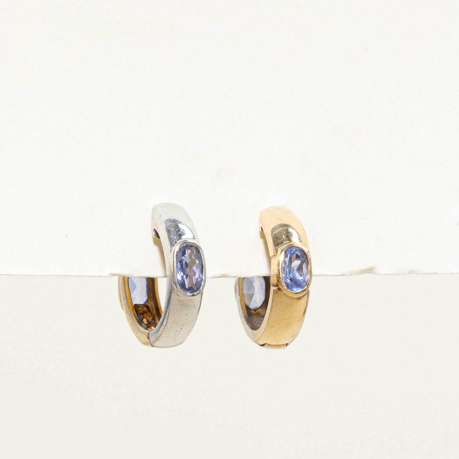 Two Tone Bezel Set Tanzanite Huggie Earrings