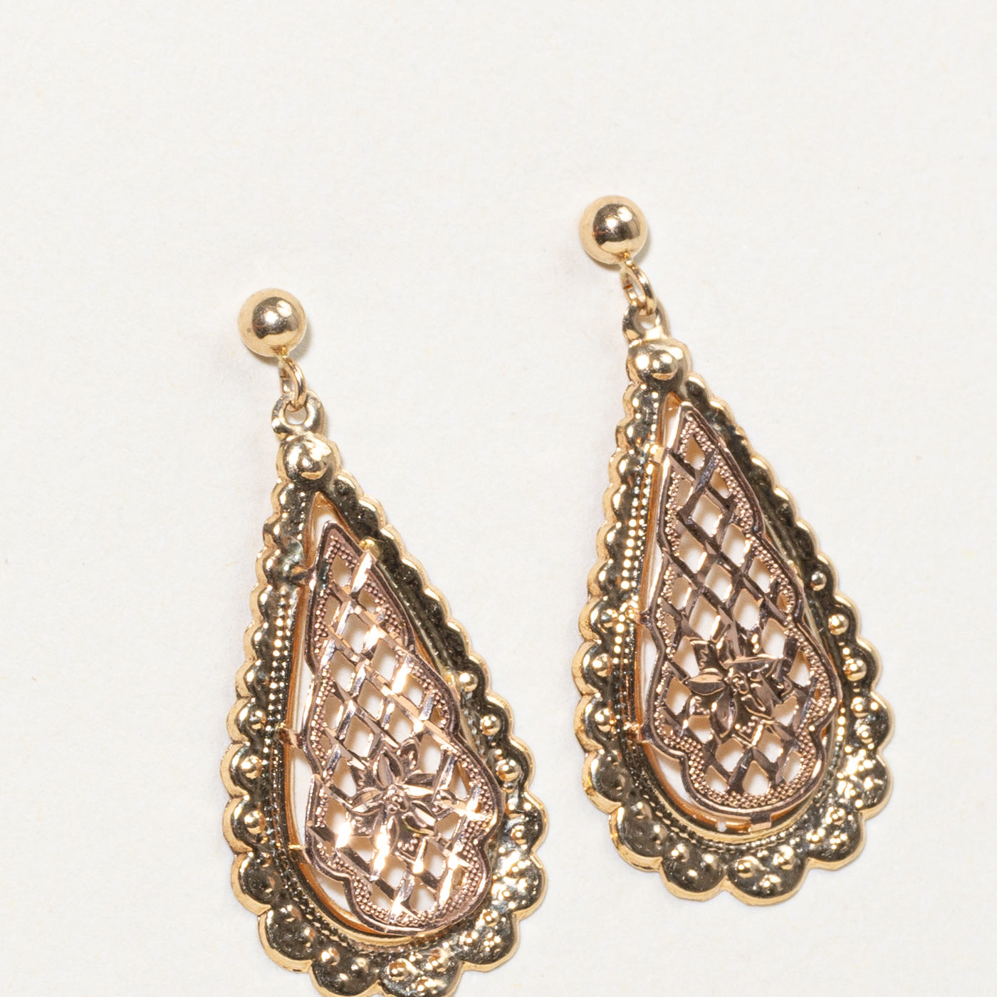 14k Yellow & Rose Gold Ornate Drop Earrings