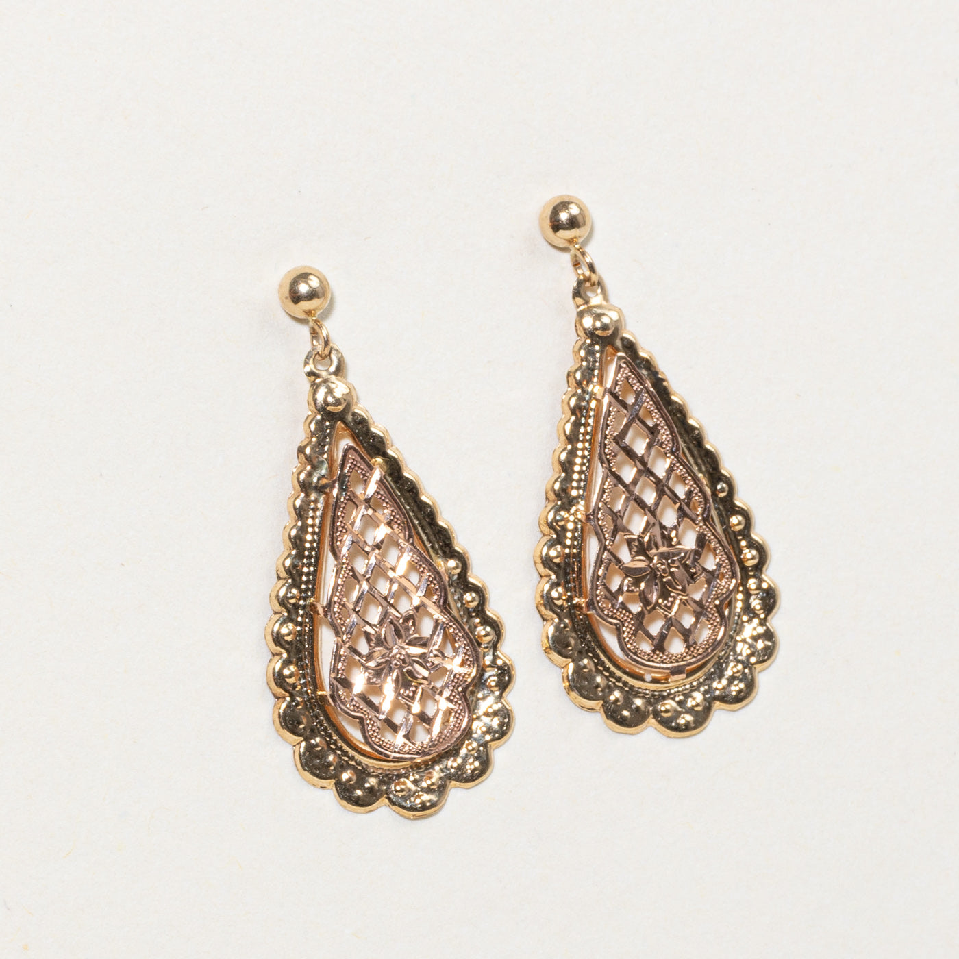 14k Yellow & Rose Gold Ornate Drop Earrings