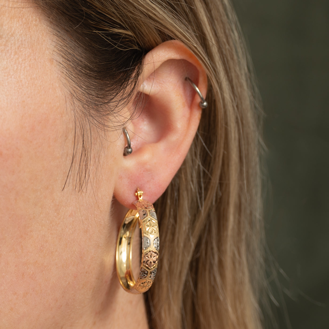 14k Yellow, White & Rose Gold Hoops