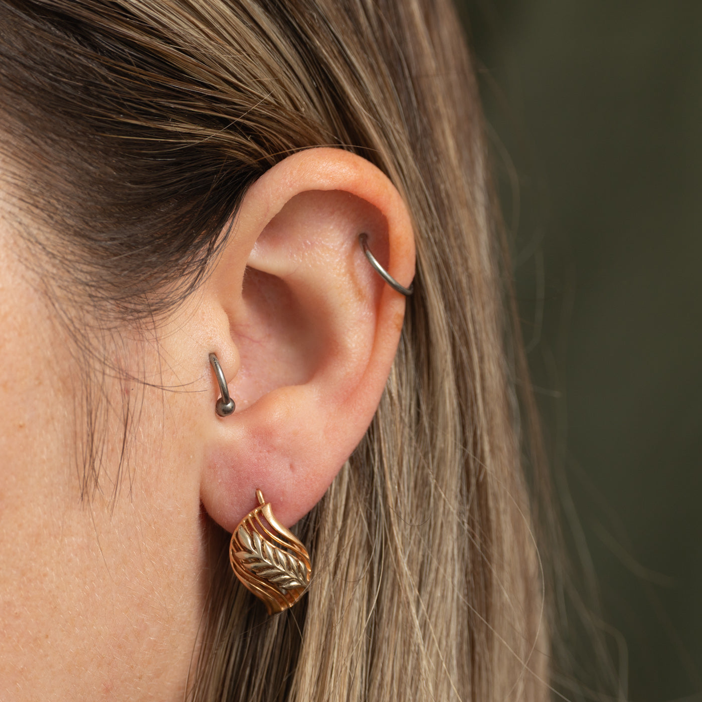 14k Rose & White Gold Leaf Earring