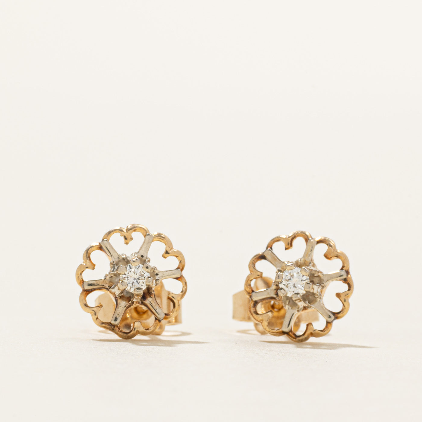 Diamond Heart Flower Stud Earrings