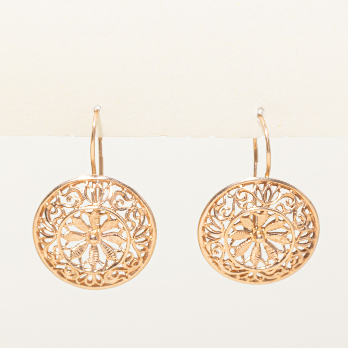 14k Yellow Gold Ornate Floral Disc Drop Earrings