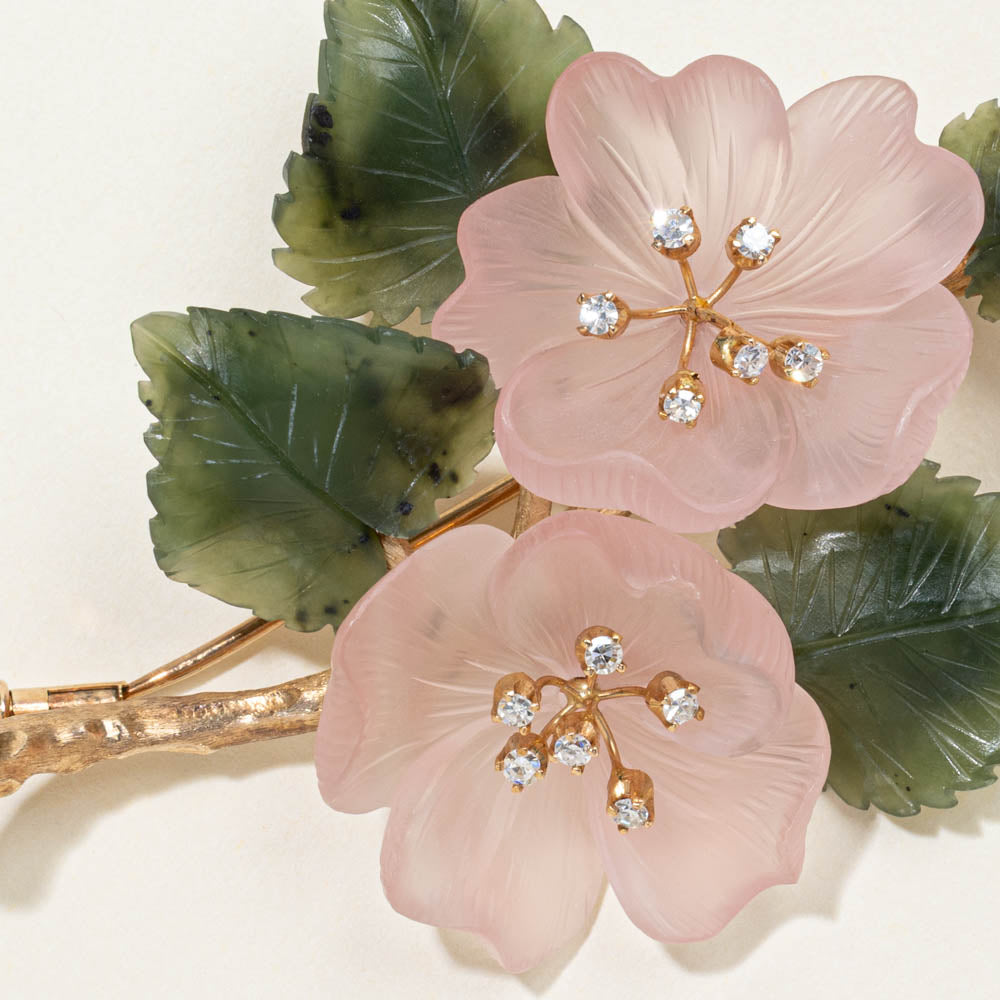 Vintage Austrian Rose Quartz Nephrite and Diamond Floral Brooch