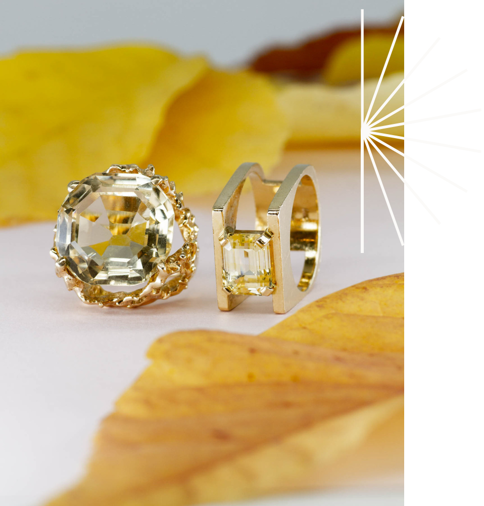 citrine rings in autumn leaves