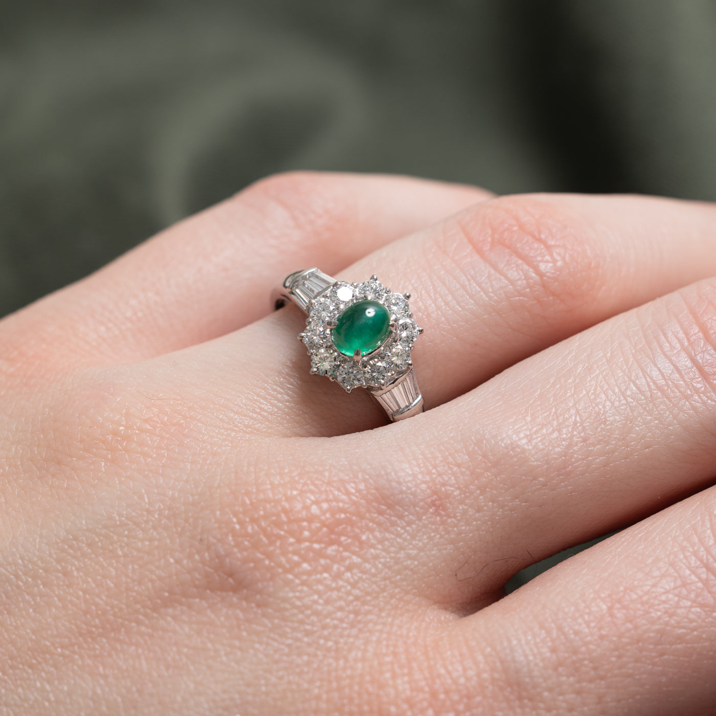 Cat's Eye Brazilian Emerald & Diamond Halo Ring | 0.89ct, 0.87ctw | SZ 6.5