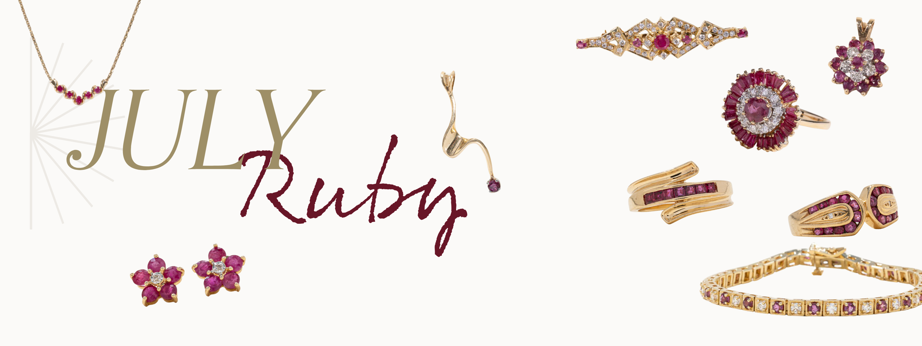 Assortment of antique, vintage, unique ruby jewelry, rings, bracelets, brooches, earrings. Text reads: July Ruby