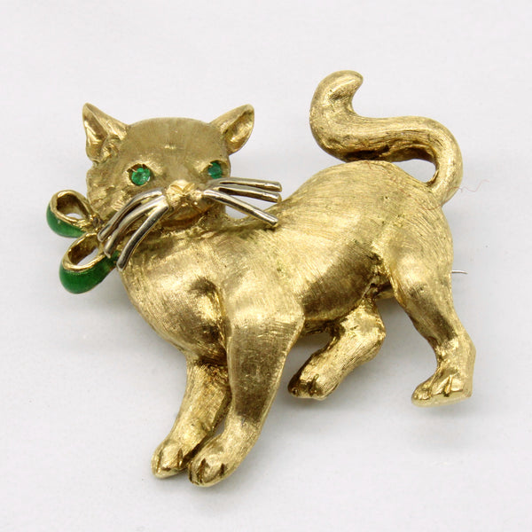 Emerald & Enamel Cat Brooch | 0.02ctw |