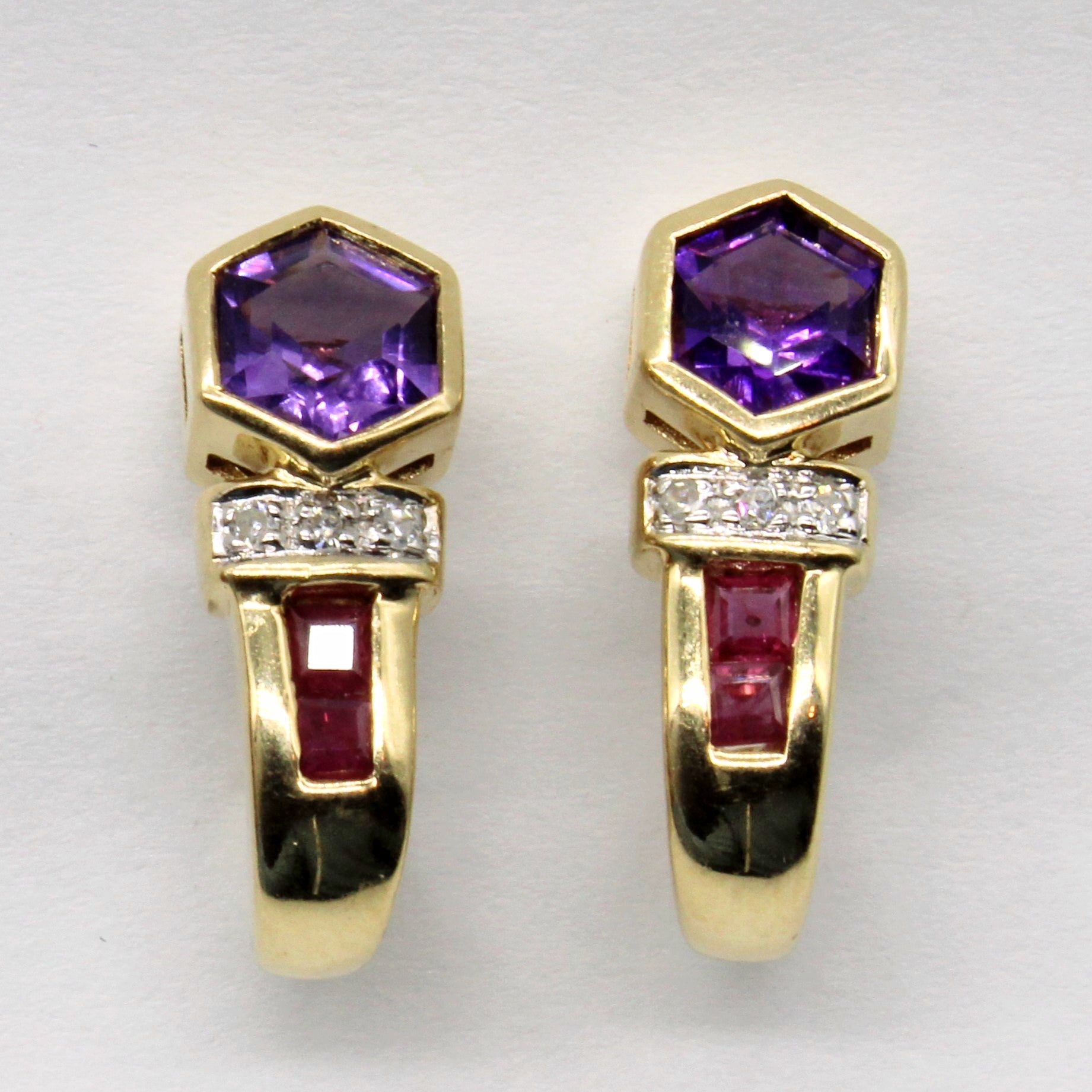 Amethyst, Diamond and Ruby 10k Earrings | 1.23ctw |