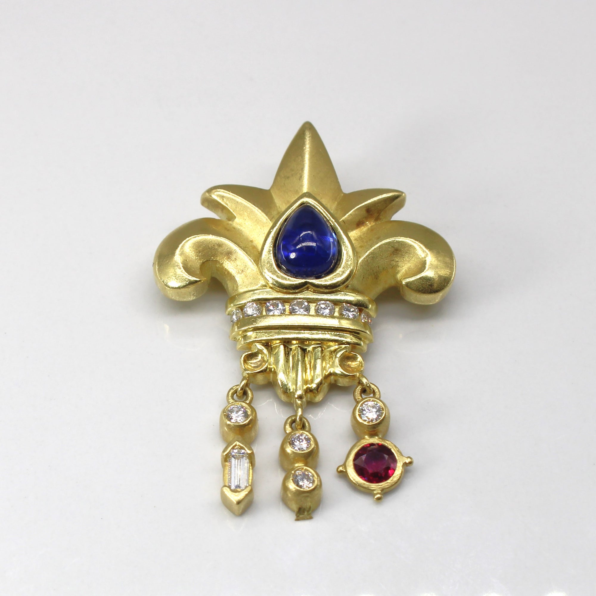 Multi Gemstone Textured Gold Brooch | 1.85ctw, 0.30ct, 0.48ctw |