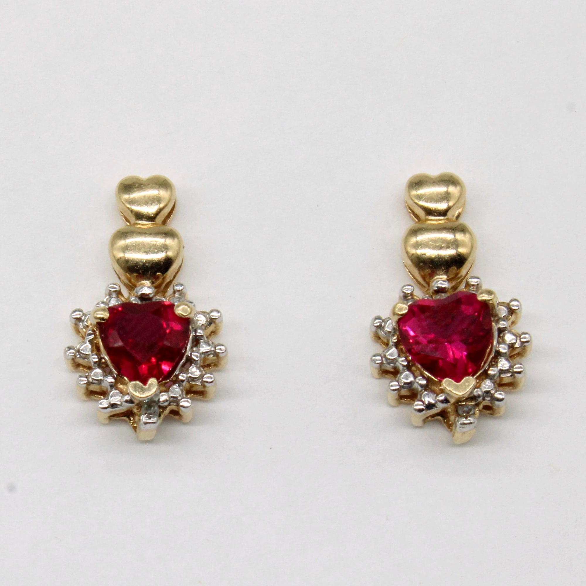 Synthetic Ruby & Diamond Heart Earrings | 1.20ctw, 0.02ctw |
