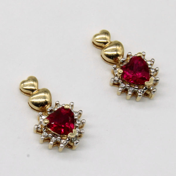 Synthetic Ruby & Diamond Heart Earrings | 1.20ctw, 0.02ctw |
