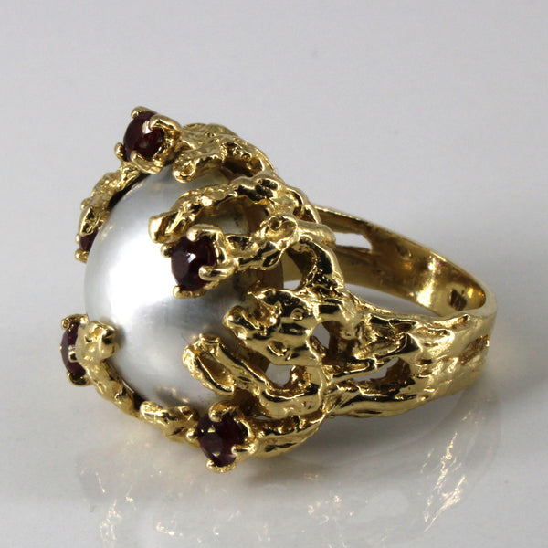 Mabe Pearl & Ruby Textured Gold Ring | 0.50ctw | SZ 6 |
