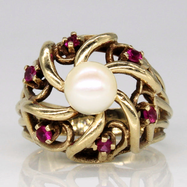 Pearl & Synthetic Ruby Cocktail Ring | 0.18ctw | SZ 5.75 |