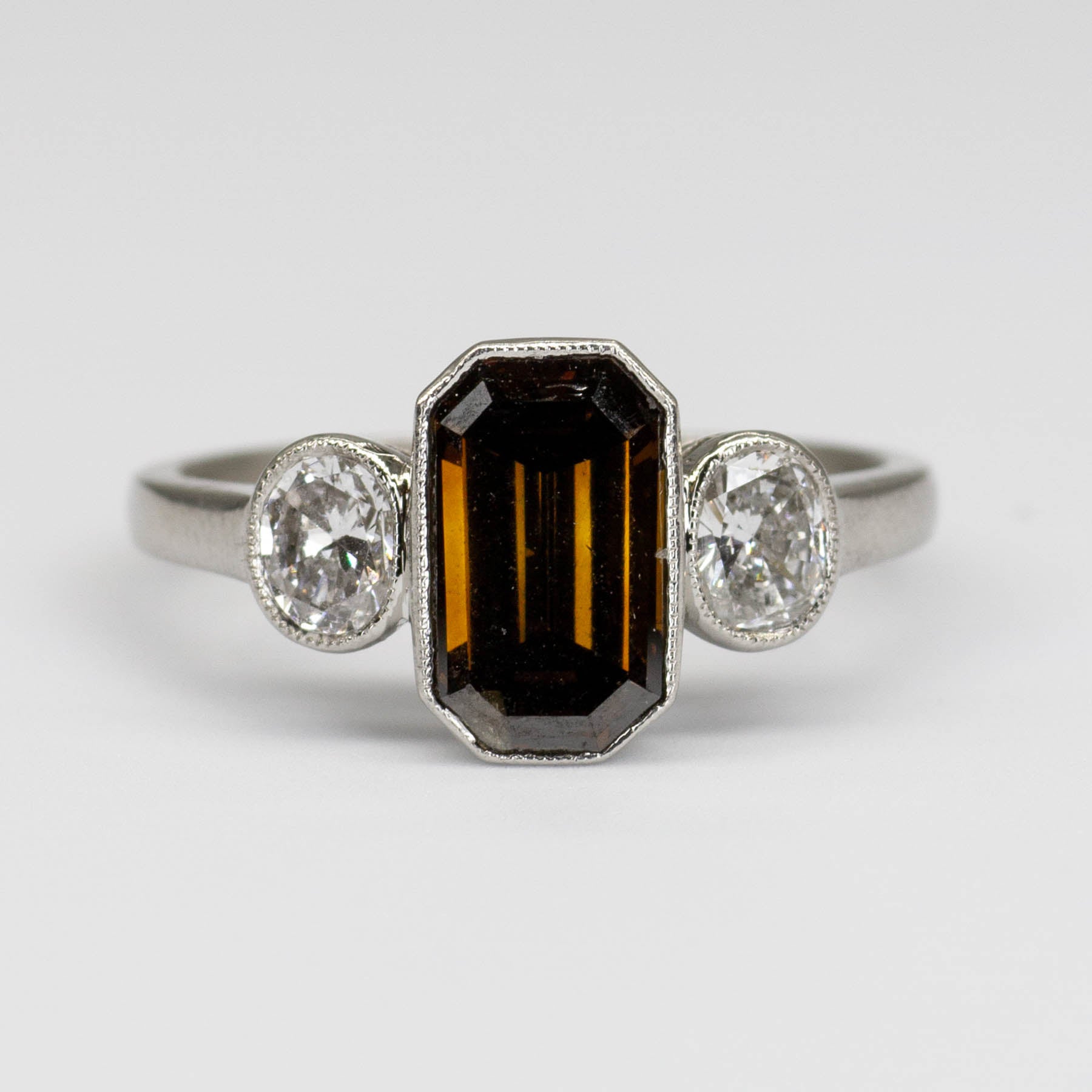 Art Deco Emerald Cut Chocolate Diamond Ring with Oval Side Diamonds | SZ 6.25 |