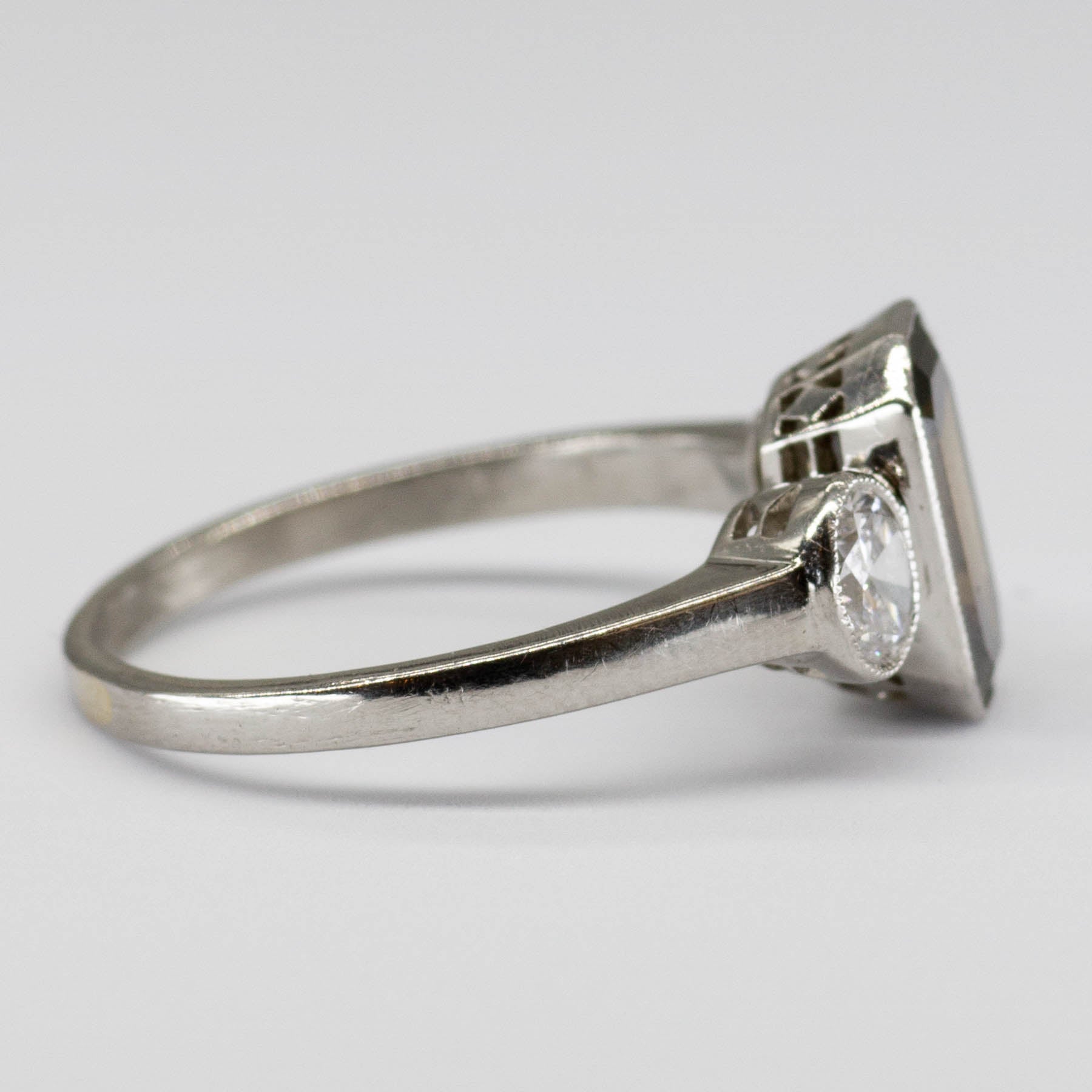 Art Deco Emerald Cut Chocolate Diamond Ring with Oval Side Diamonds | SZ 6.25 |