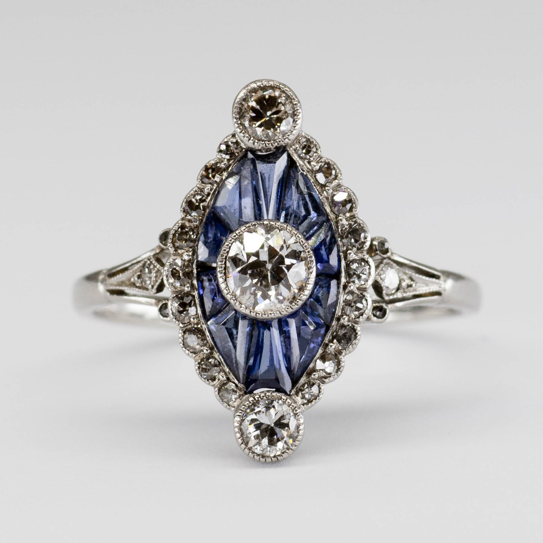 Art Deco Platinum Diamond and Sapphire Ring with French Hallmarks | SZ 7 | 1.32 ctw