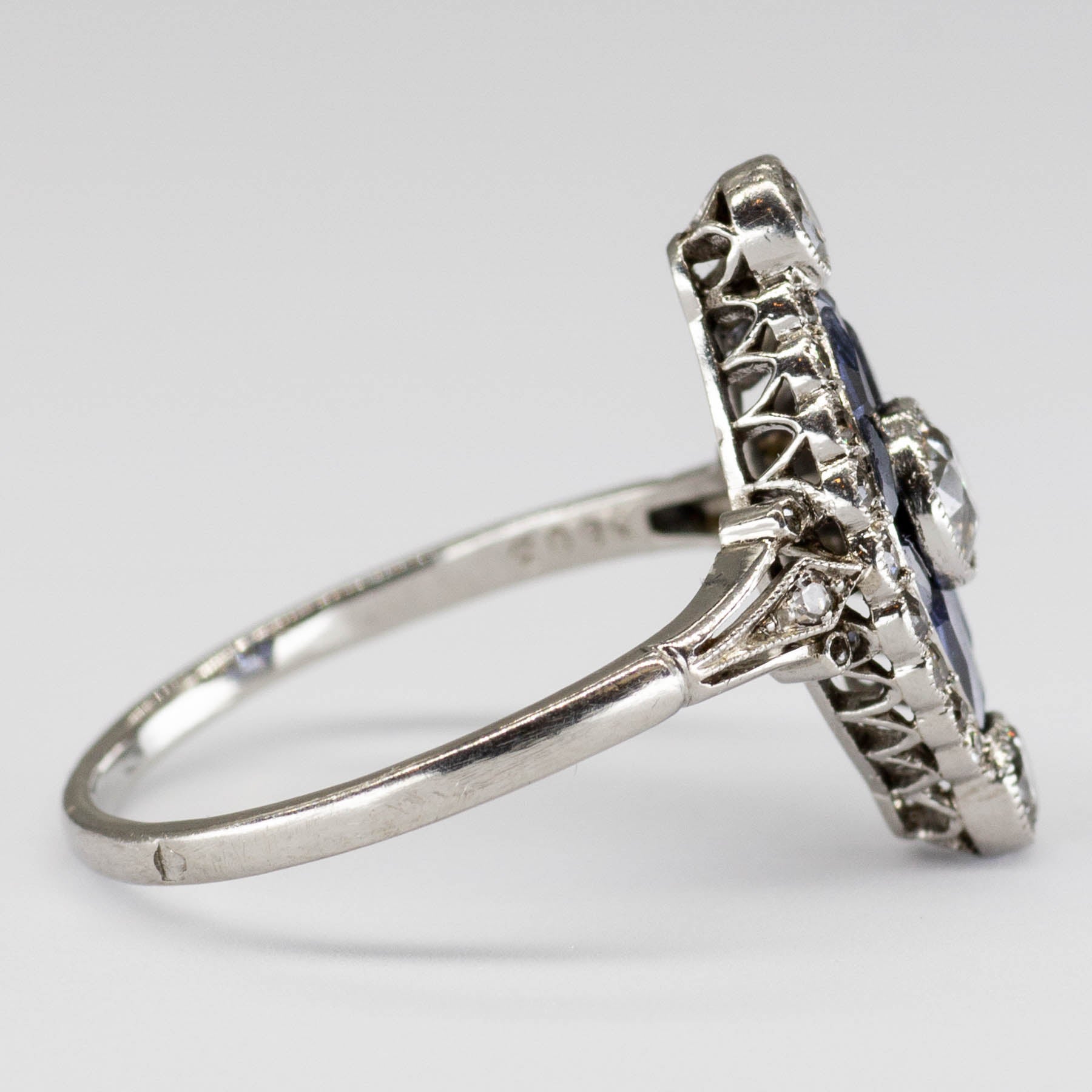 Art Deco Platinum Diamond and Sapphire Ring with French Hallmarks | SZ 7 | 1.32 ctw