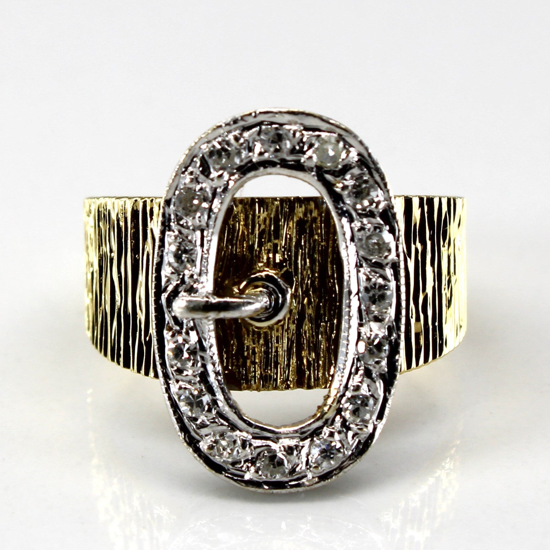 Diamond Buckle Design Textured Gold Ring | 0.15ctw | SZ 6.25 |
