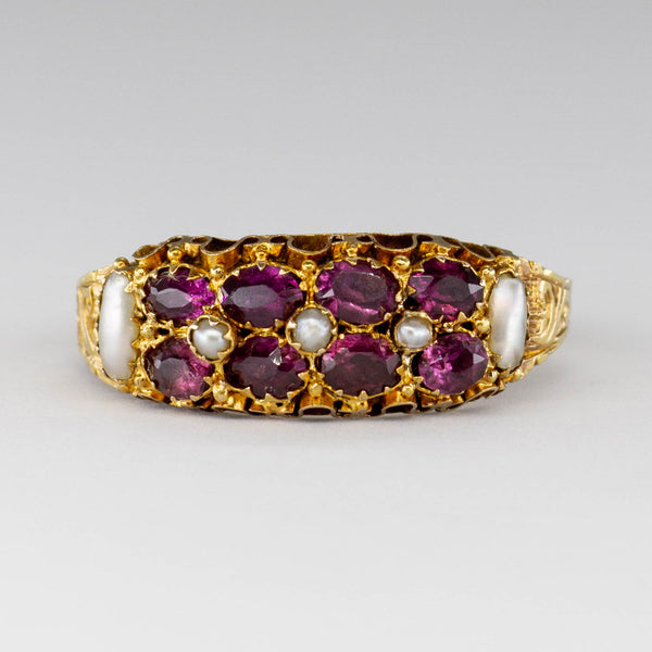 Victorian 1891 15k Gold Garnet and Pearl Ring
