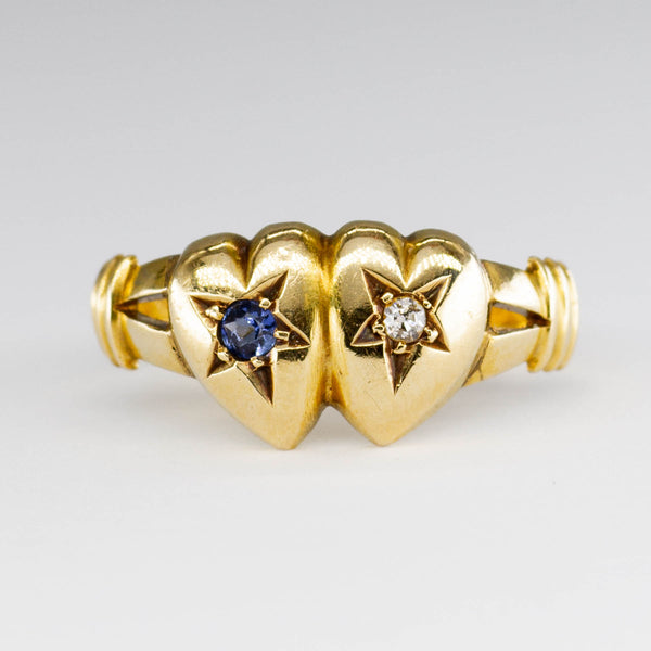 Edwardian 1901 18k Double Heart Star Set Sapphire and Diamond Ring | SZ 6 |