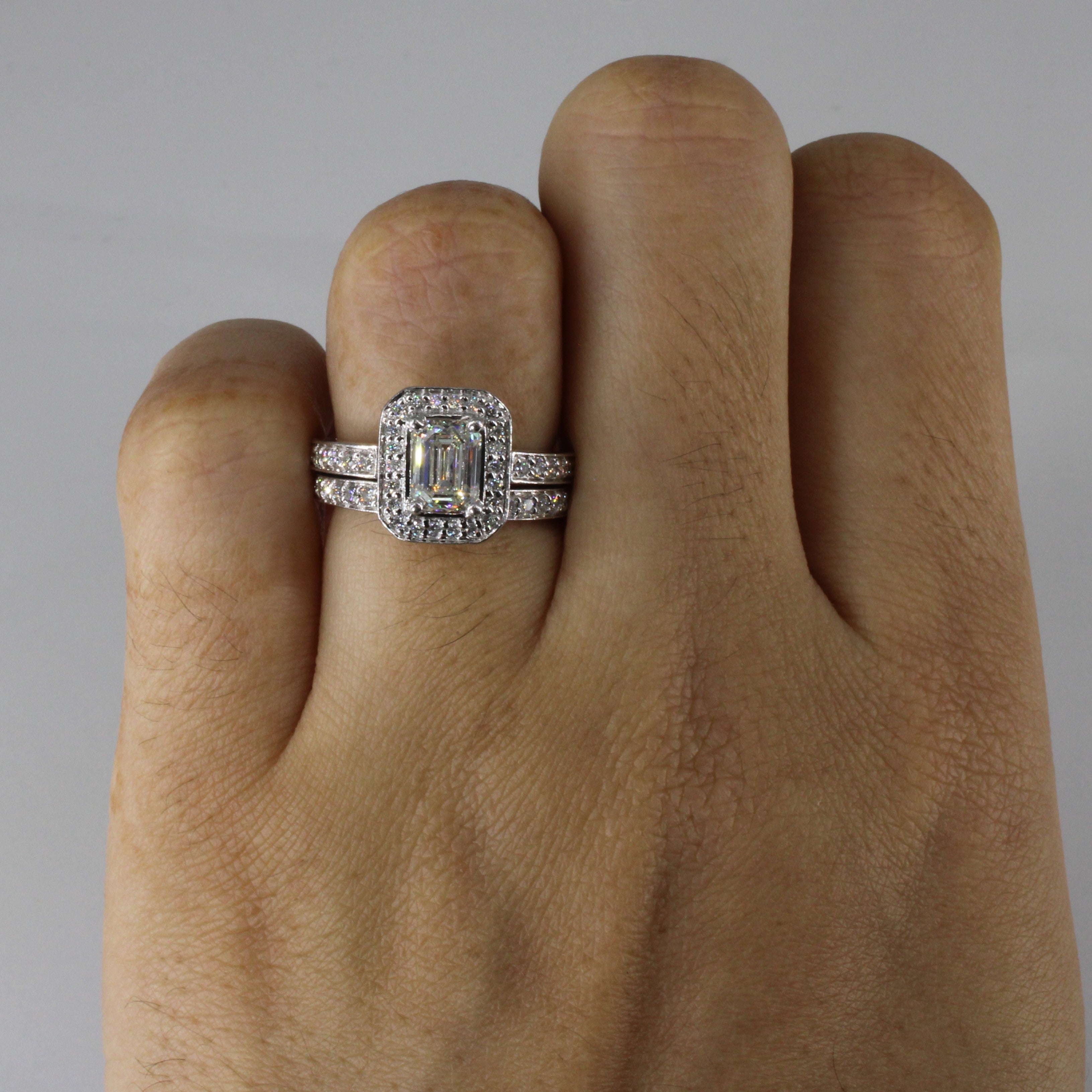 Emerald Cut Diamond Halo Engagement Ring Set | 1.46ctw | SZ 4.5 |