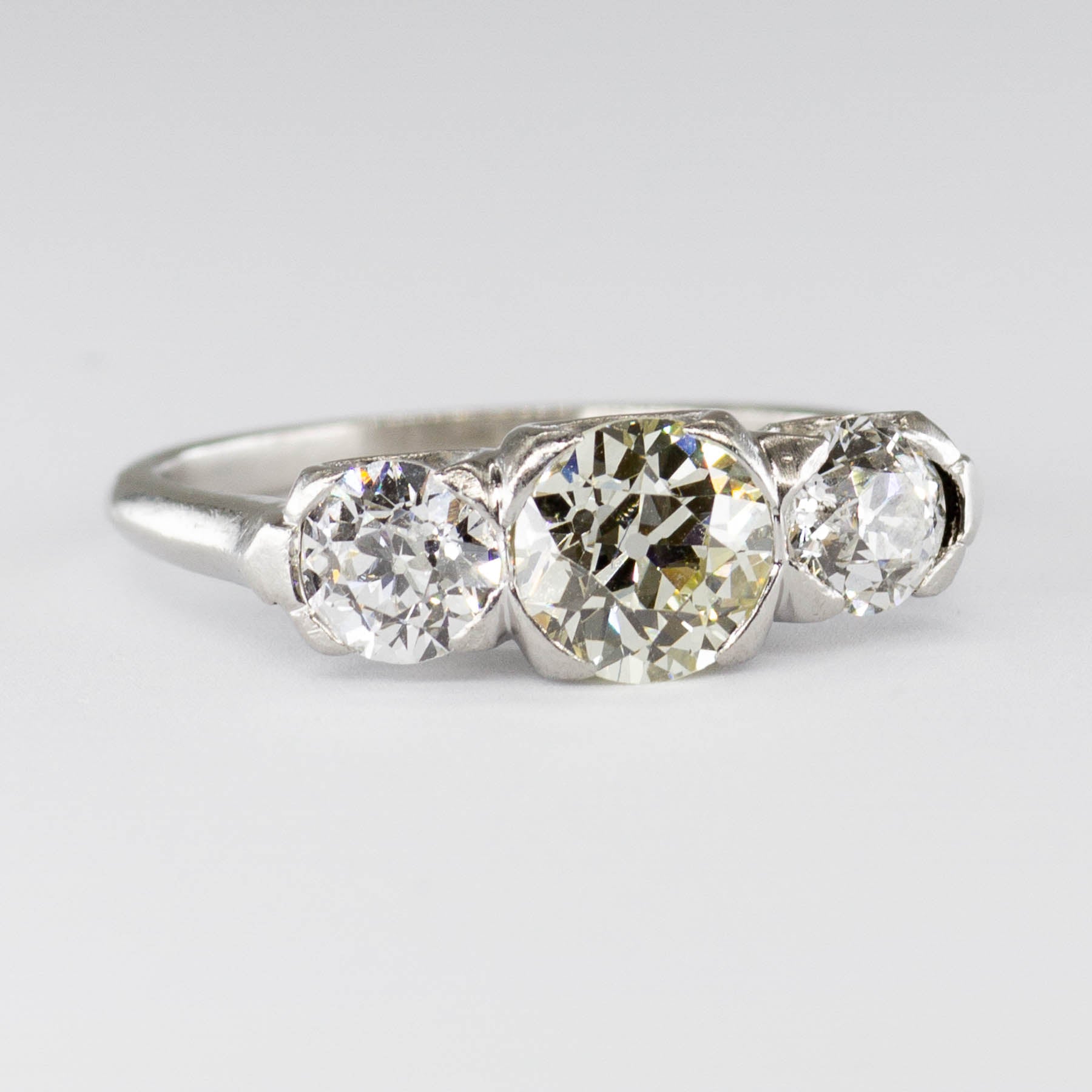 Antique Old European Cut Three Diamond Platinum Ring | 1.86ctw | SZ 7.5 |