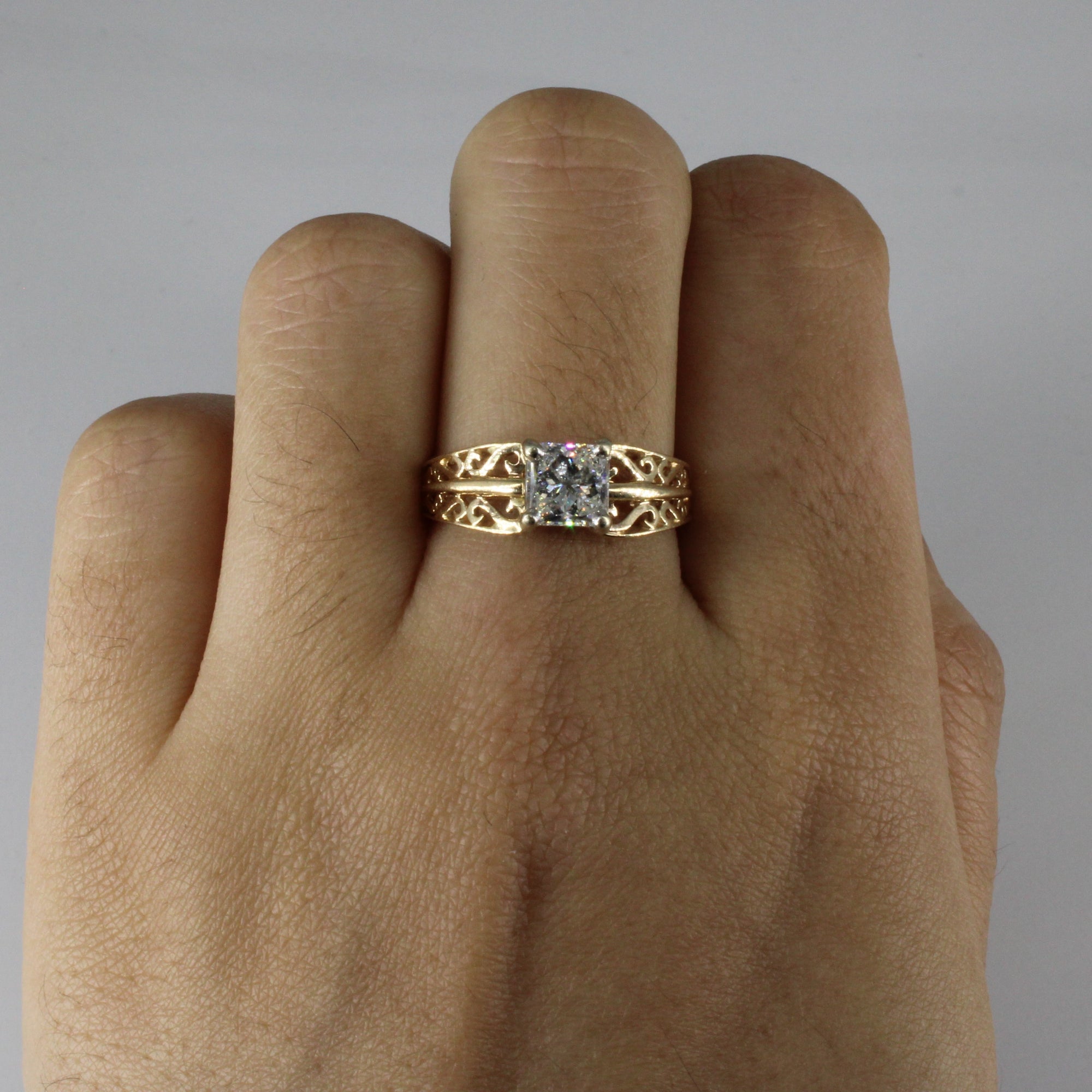 Solitaire Princess Diamond Filigree Gold Ring | 1.06ct I1 H | SZ 7.75 |