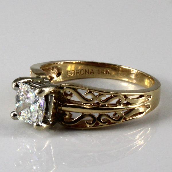Solitaire Princess Diamond Filigree Gold Ring | 1.06ct I1 H | SZ 7.75 |