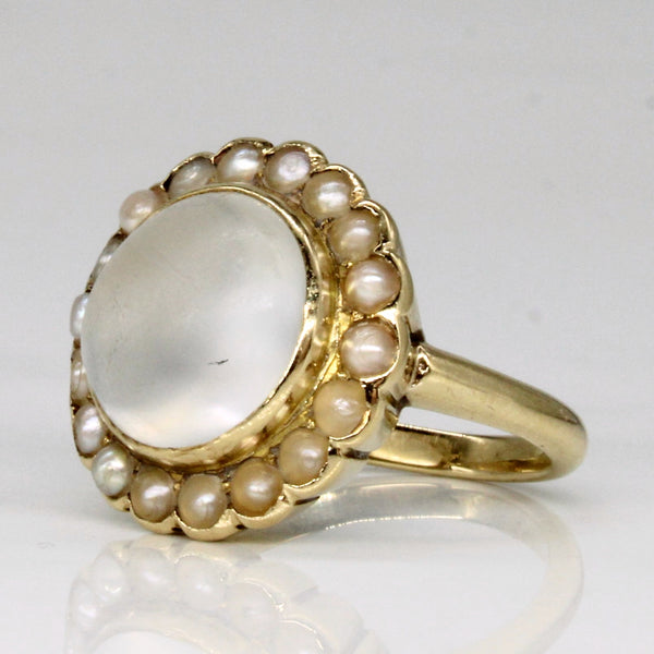 Circa 1920s Moonstone & Pearl Cocktail Ring | 2.80ct | SZ 3 |