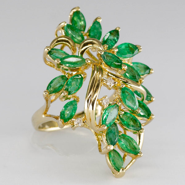 Emerald and Diamond Cocktail Cluster Ring | 1.35ctw, 0.03ctw |SZ 5.5 |