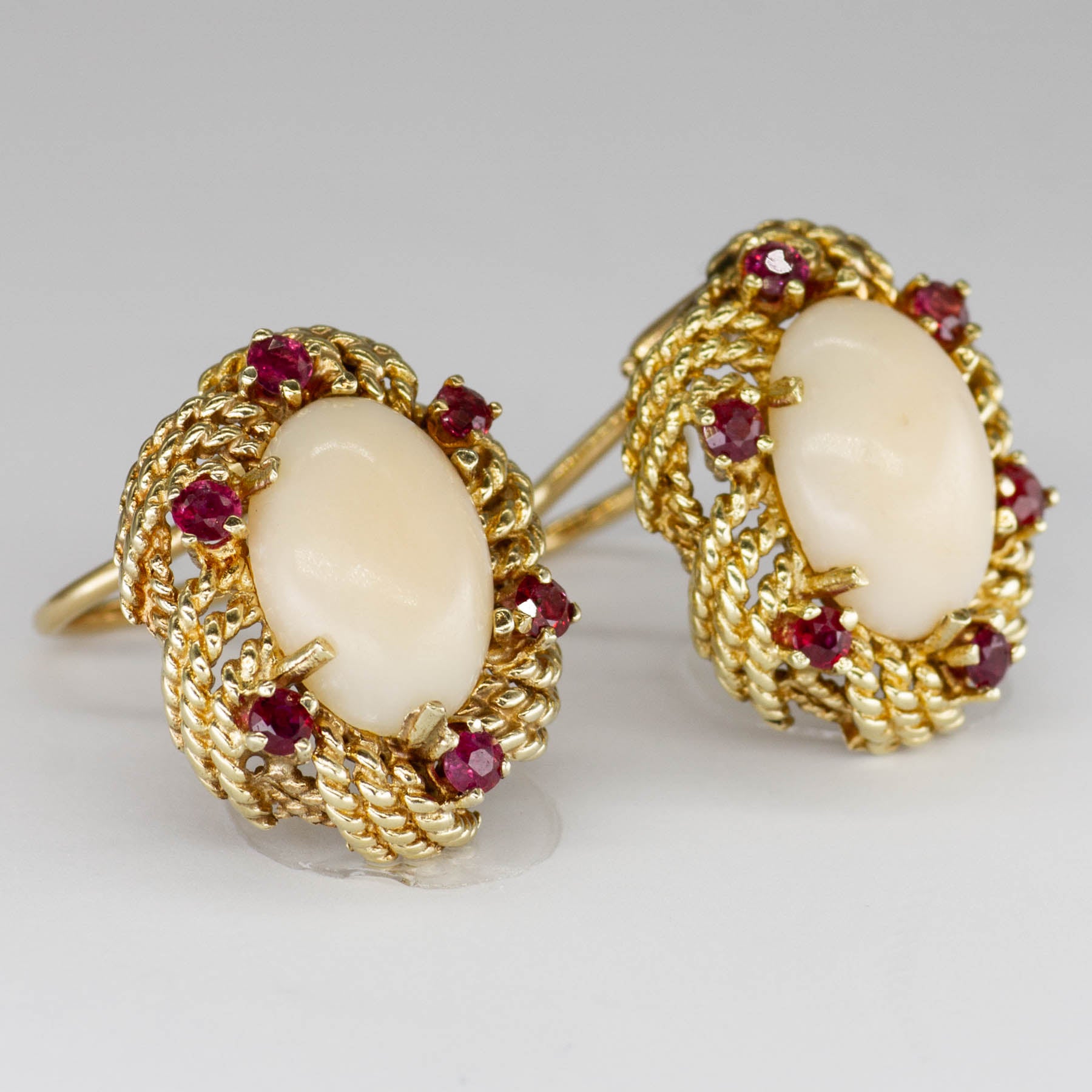 Coral Cabochon & Ruby 14k Gold Earrings | 8.4ctw |