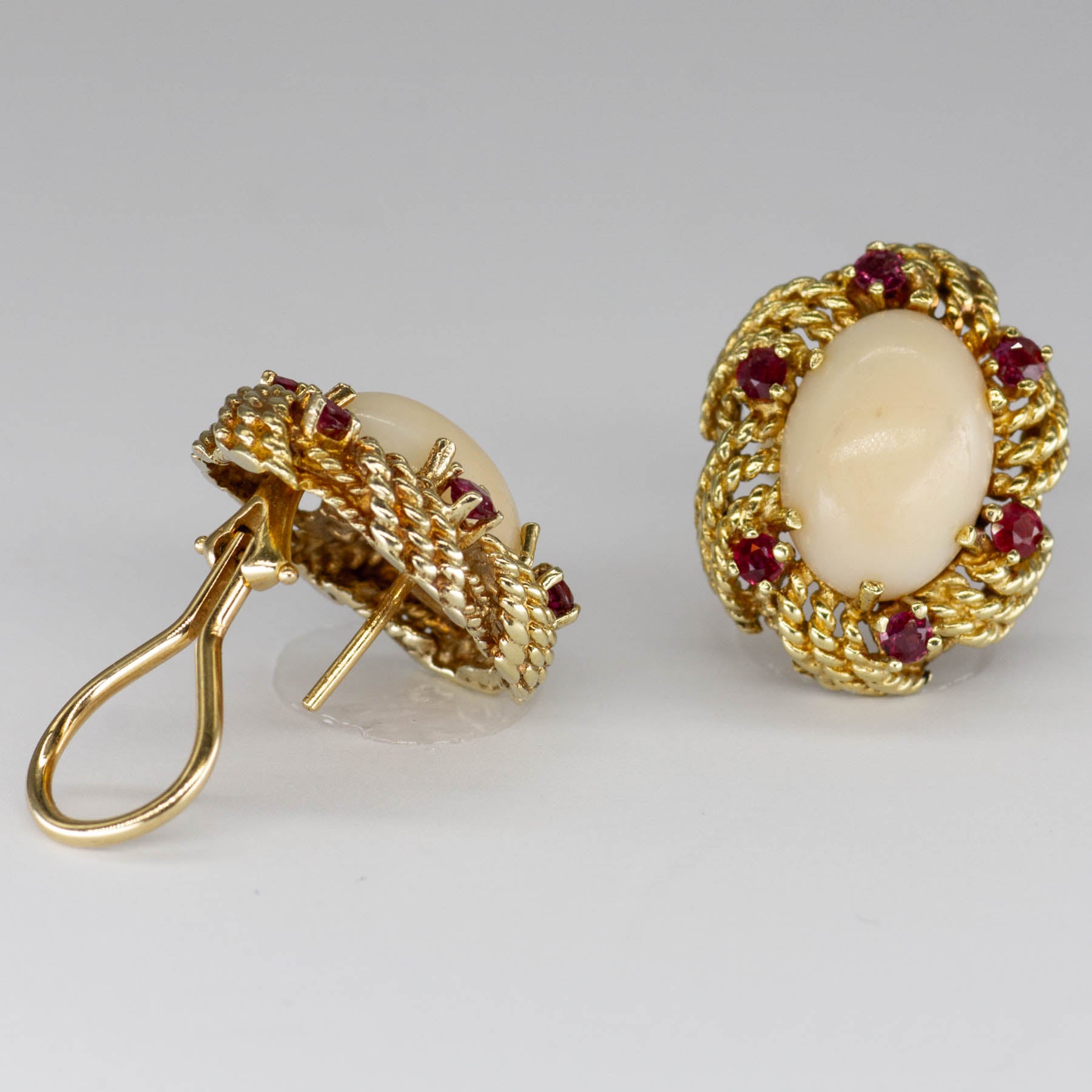 Coral Cabochon & Ruby 14k Gold Earrings | 8.4ctw |