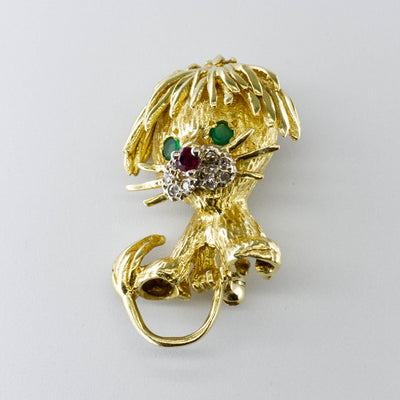 Ruby, Emerald and Diamond 14k Lion Brooch| 0.06ctw, 0.04ctw 0.04ctw |
