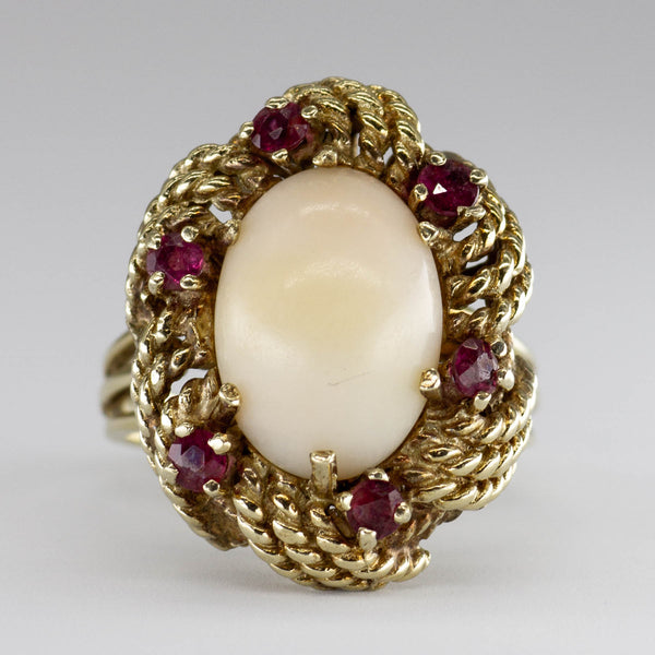 Coral Cabochon & Ruby 14k Gold Cocktail Ring | 4.2 ctw, 0.6 ctw | SZ 7