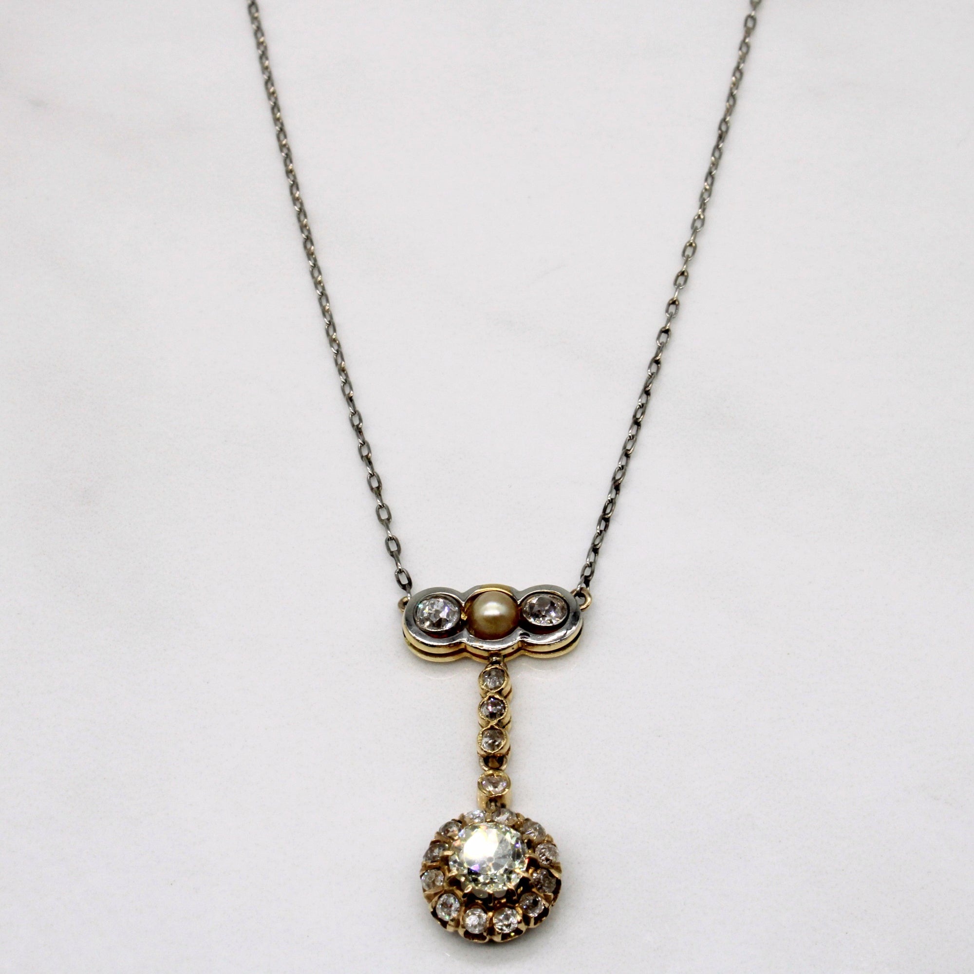 Antique Old Cut Diamond & Pearl Drop Pendant Necklace | 1.45ctw | 18