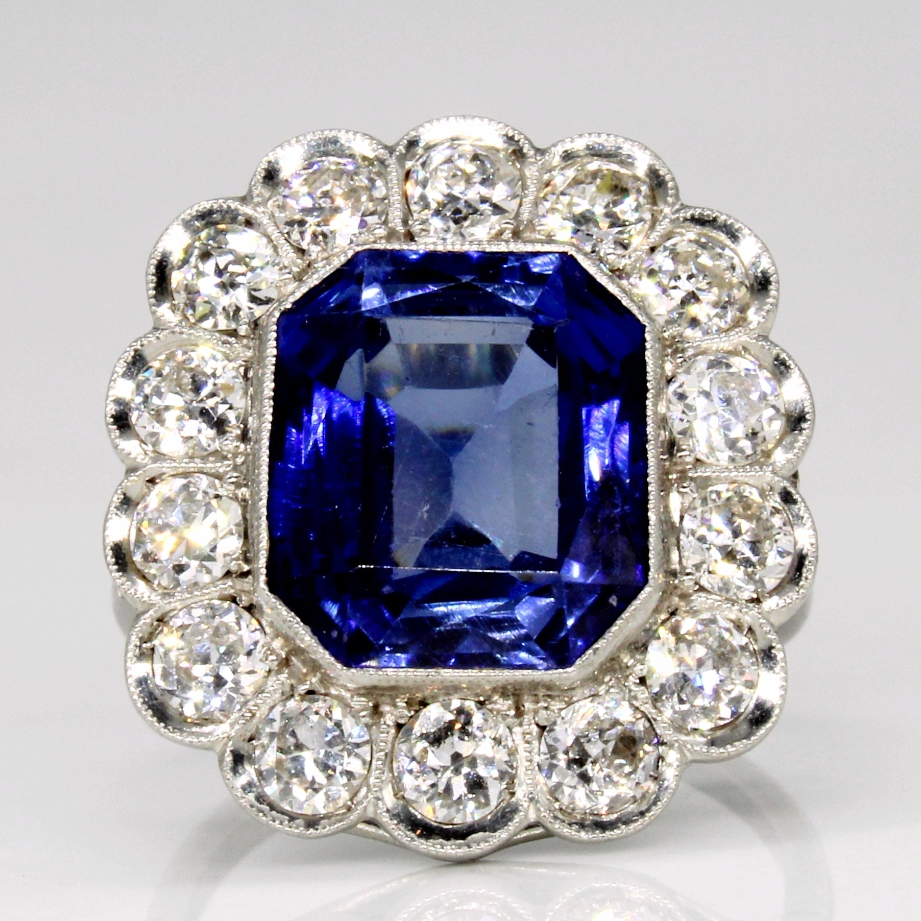 Vintage Platinum Synthetic Sapphire & Natural Old Cut Diamond Cocktail Ring | 6.55ct, 1.54ctw SI1/2 G-I | SZ 5.5 |
