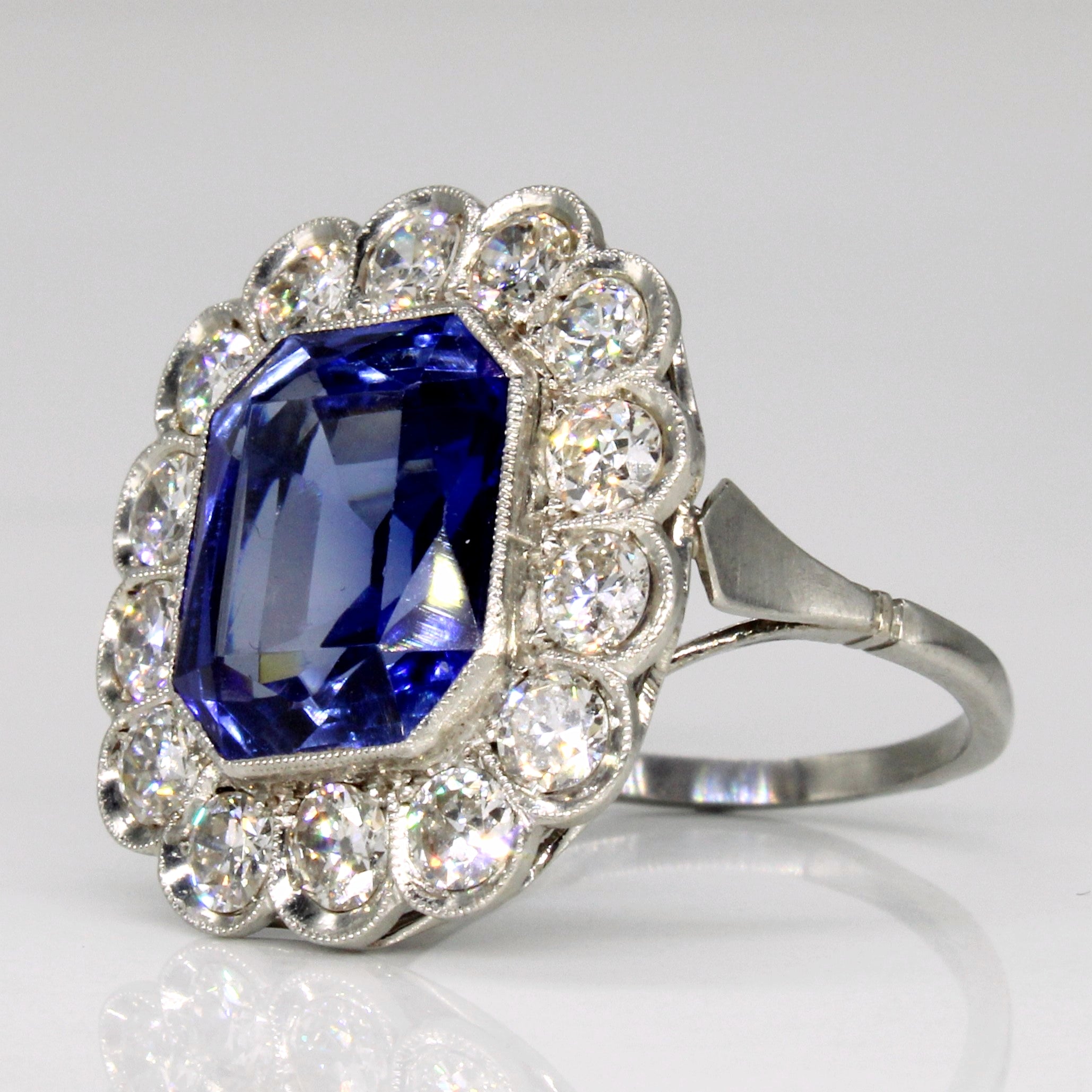 Vintage Platinum Synthetic Sapphire & Natural Old Cut Diamond Cocktail Ring | 6.55ct, 1.54ctw SI1/2 G-I | SZ 5.5 |
