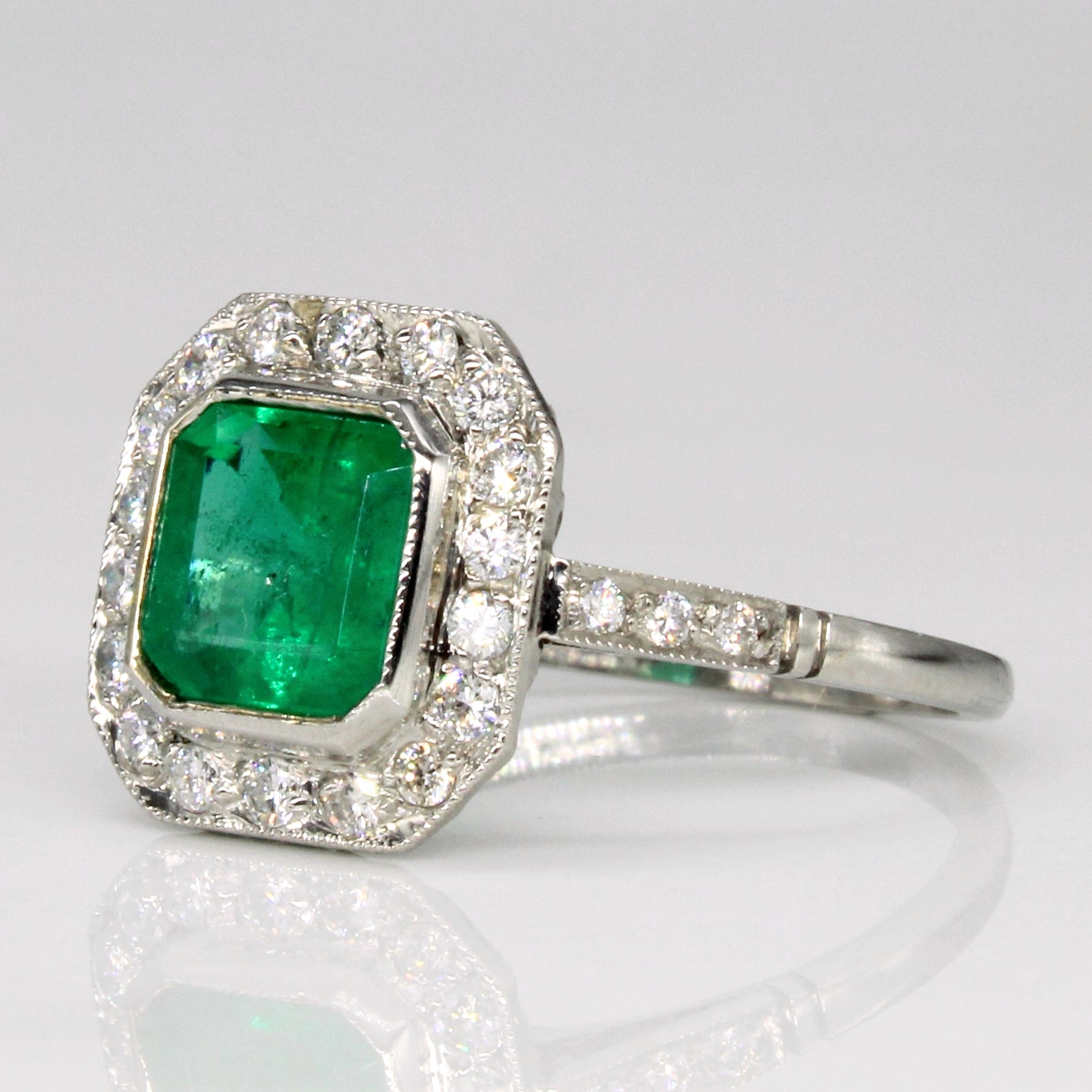 Vintage Platinum Emerald & Diamond Halo Ring | 1.30ct, 0.28ctw | SZ 6.25 |